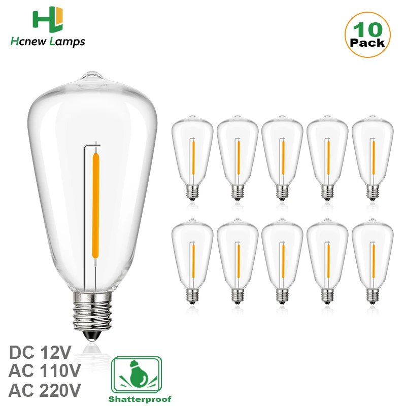 10pcs 1W Shatterproof Led Filament Bulbs ST38 DC 12V AC 130V AC 220V String Light Replacment Bulb E12 Screw Base Decorative Lamp