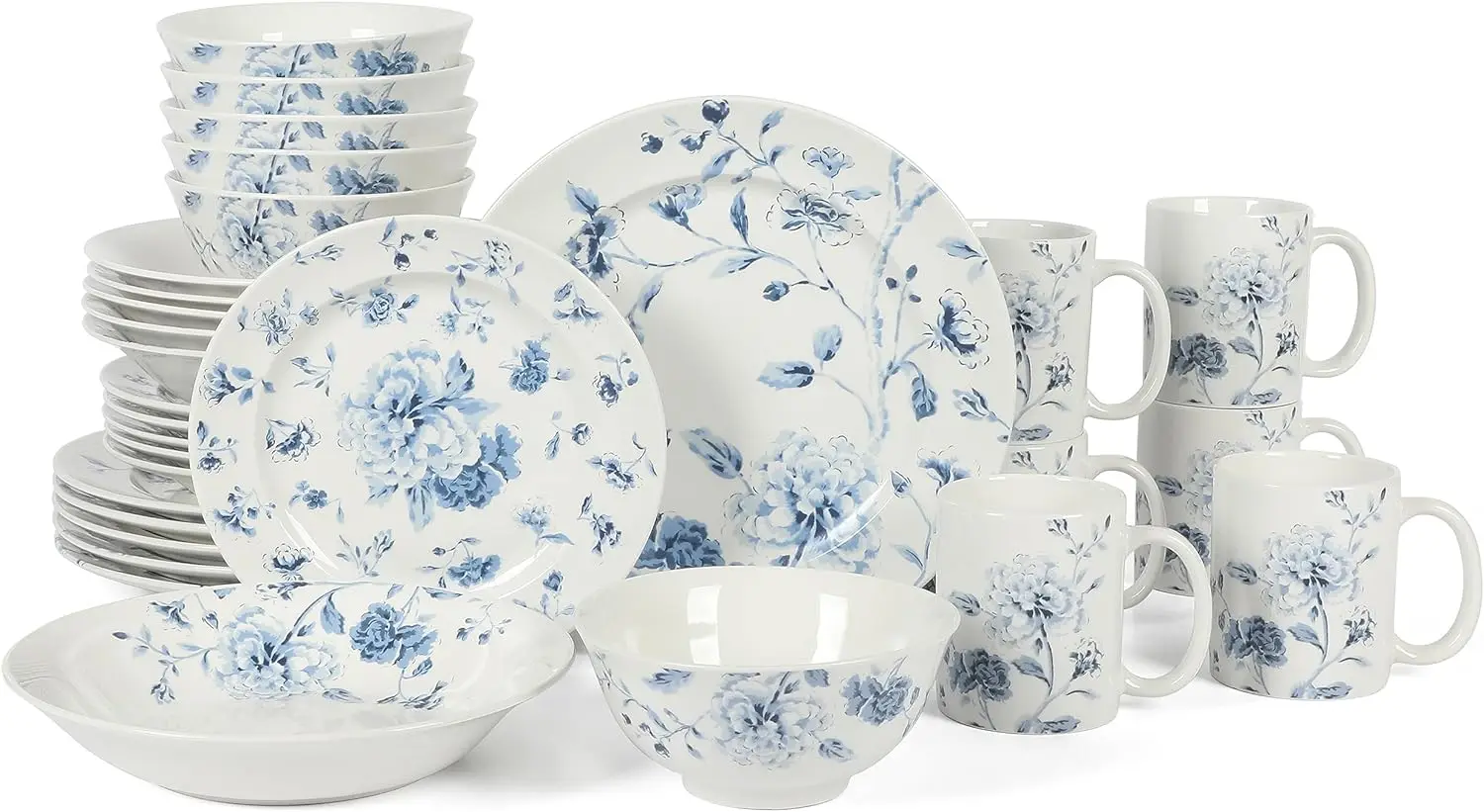 Decorated Porcelain Dinnerware Plates and Bowls Set - Blue Floral, Service for 6 (30pcs)