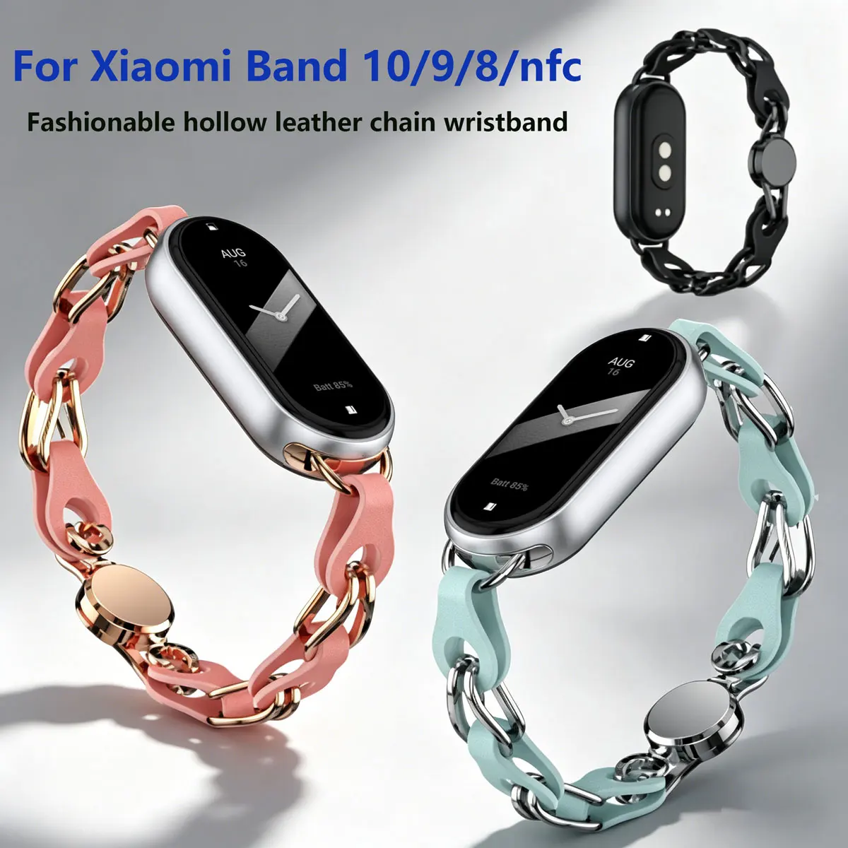 For Xiaomi Band10/9/8 Fashion Hollow Leather Chain Strap Metal Leather Splicing Strap Personalized Light Luxury ReplacementStrap