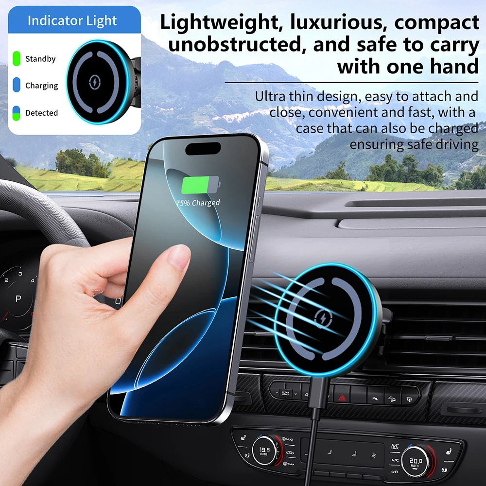 Magnetic Wireless Car Charger LED Light Air Outlet Phone Holder For iPhone 17 16 15 14 13 12 Pro Max Fast Charging Station