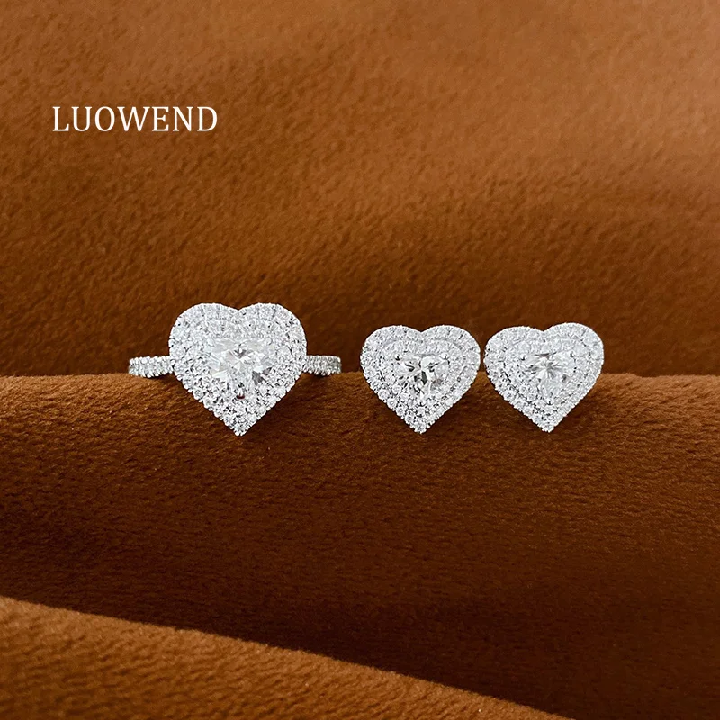 LUOWEND 100% 18K White Gold Earrings Luxury Heart Shape Real Natural Diamond Stud Earrings for Women High Wedding Jewelry