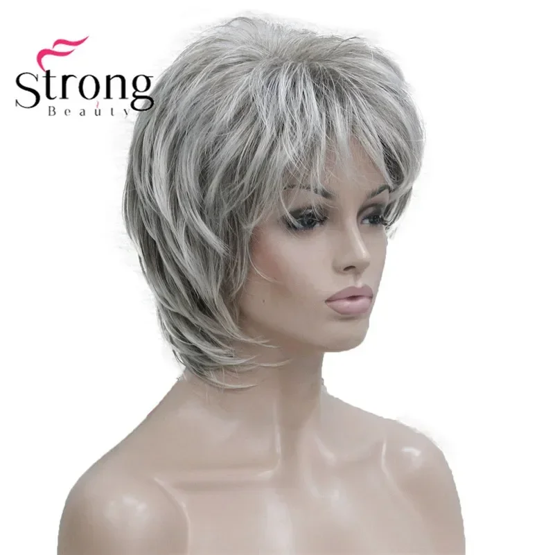 StrongBeauty Short Soft Shaggy Layered Silver Mix Classic Cap Full Synthetic Wig Women\'s Wigs Blonde COLOUR CHOICES