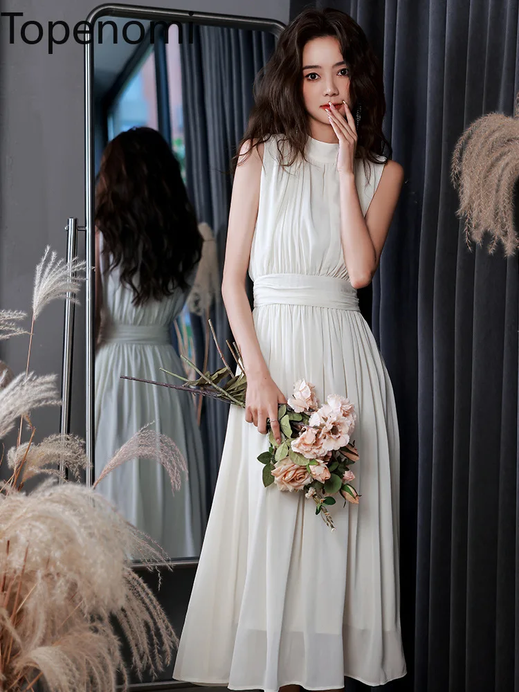 

Topenomi French Simple Sleeveless Wedding Evening Dress Women Summer Elegant Waist Folds White Mid Length Cocktail Party Dresses