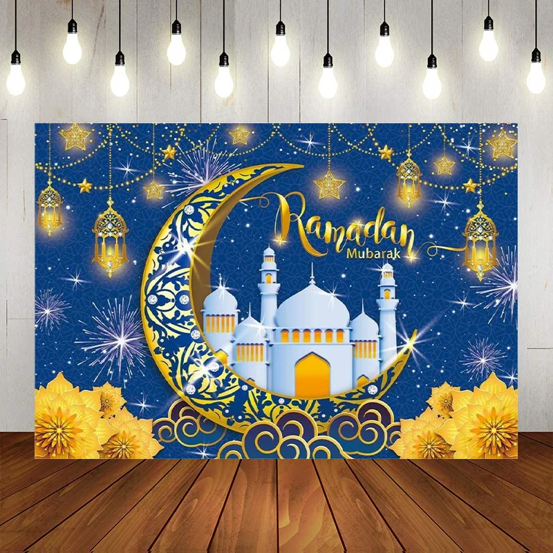 Eid Mubarak Backdrop Banner Arabian Nights Lanterns Moon Stars Mosque Photographic Background Muslim Ramadan Eid Al Fitr Banne