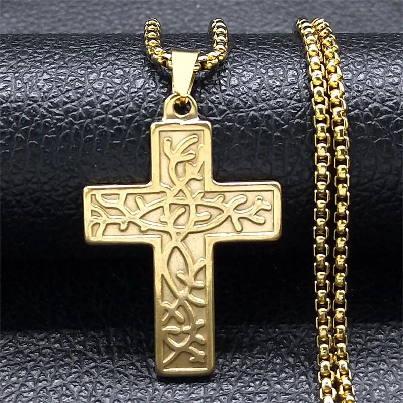 Cross Tree of Life Chain Necklace for Women Men Stainless Steel Gold Color Pendant Necklaces Jewelry Gift collier homme N4625S01