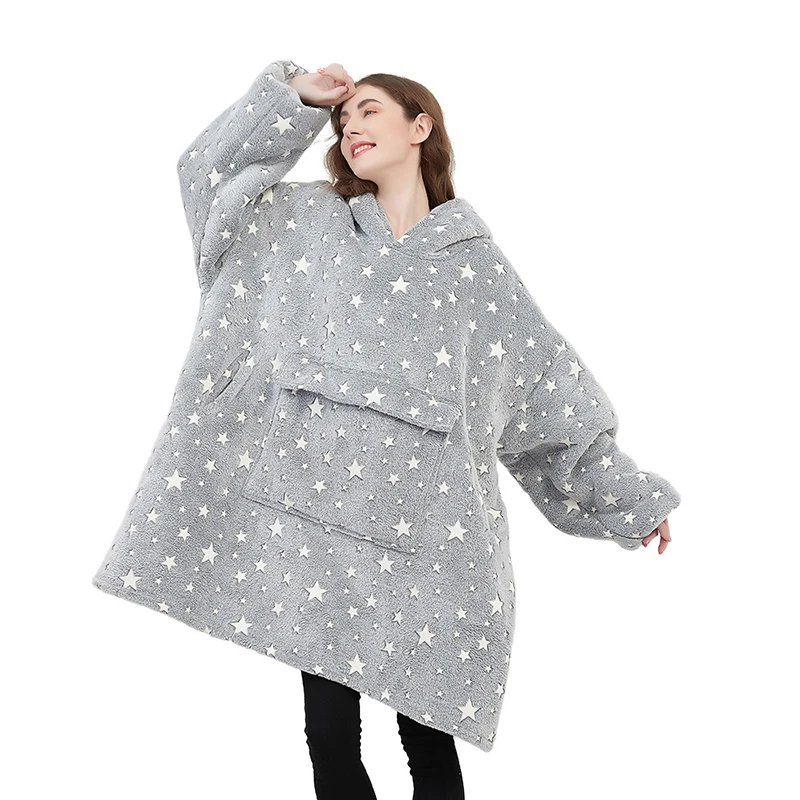 Fluorescent Star Sherpa Hooded Blanket Autumn Winter Gray Giant Pocket Lazy Suit Skin-Friendly All-Inclusive Blanket Sweatshirt