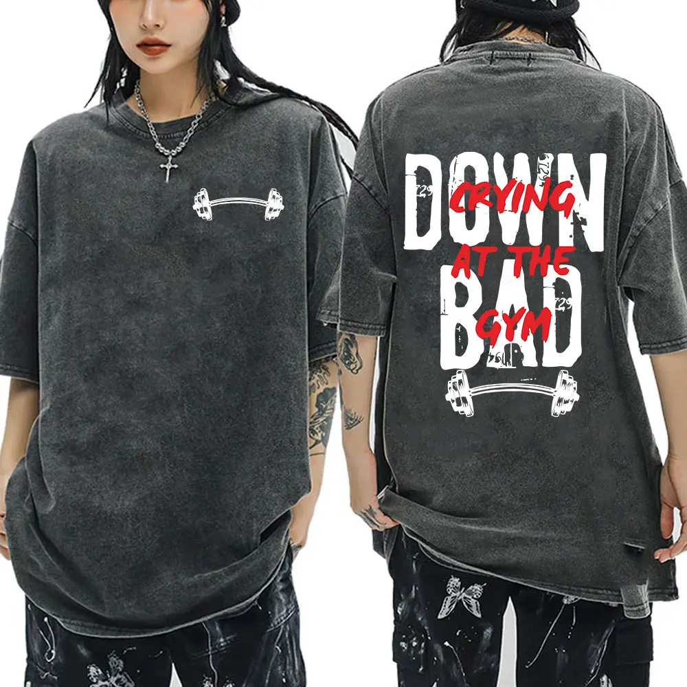 

Washed Vintage Gym Fitness Rat T-shirt Funny Down Bad Crying At The Gym T-shirts Men's Women Fashion Casual Oversized T Shirts