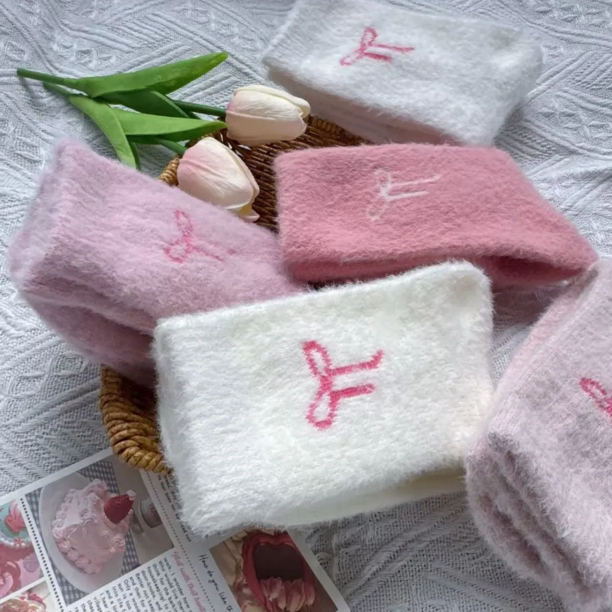 

5 Pairs Autumn Winter Socks Women Mink Fur Bow Plush Cute Sweet mid-calf Thickened Warm Home Sleep Sports Ankle Crew 5W265