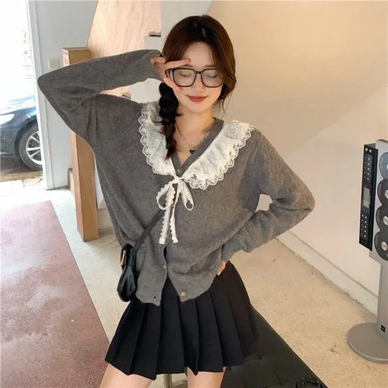 Deeptown Kawaii Cardigan Korean Style Sweet Sweater Lace Knited Tops Grey Cutecore Cardigan Sweaters Autumn Winter Aesthetics