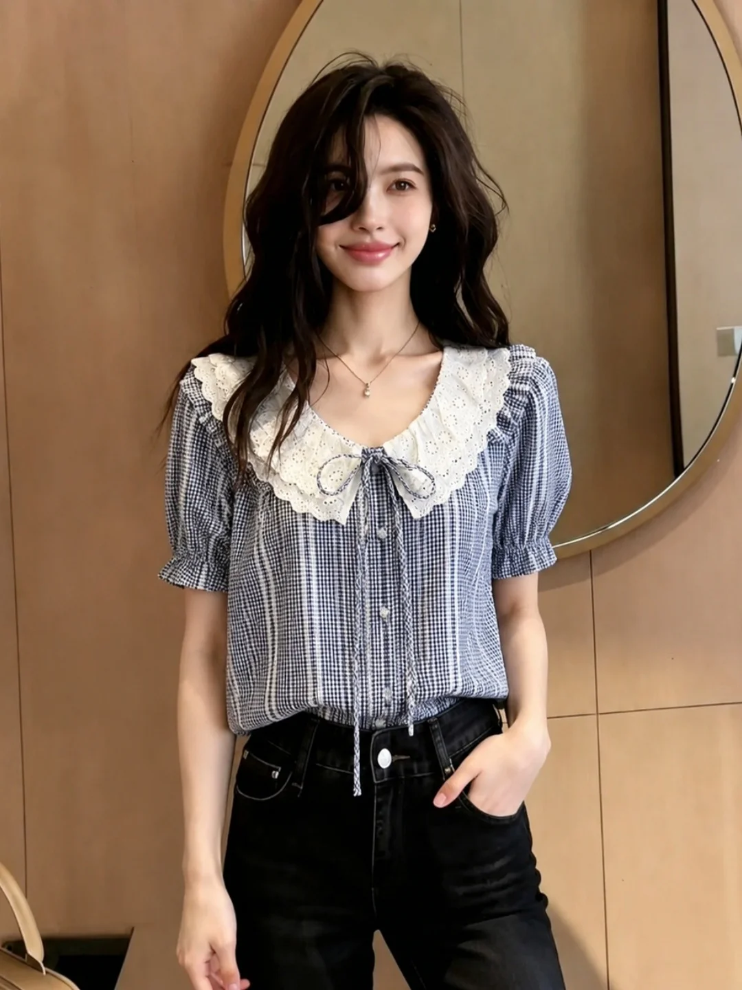 

Lace Patchwork Design Belted Shirt Short Sleeve Commute Fashionable Women's Shirt Korean Style Straight Cut Summer New Arrival