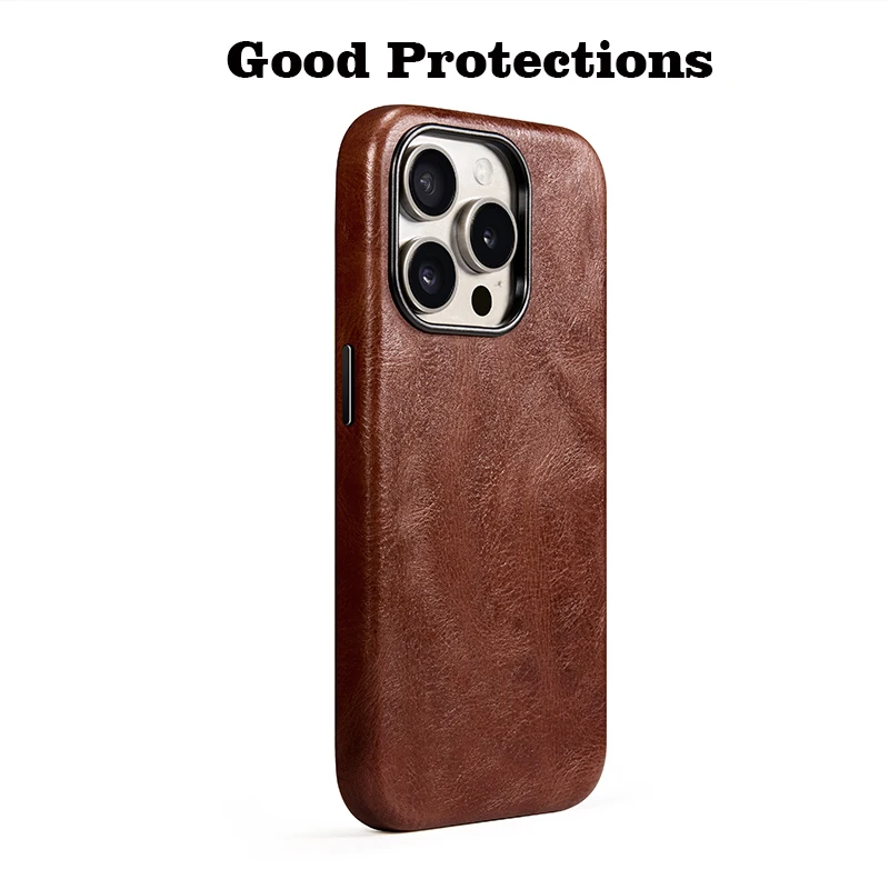 Genuine Leather Case for iPhone 15 Pro,Cow Leather iPhone 15 Pro Cover Strong Magnetic,Brown Color