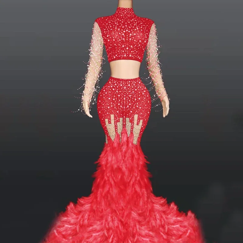 หลากสีเพลส ไดมอนด์ชุดยาวเซ็กซี่ขนยาวชุดราตรีวันเกิดเฉลิมฉลองชุดผู้หญิงเวทีชุดราตรี XS5035