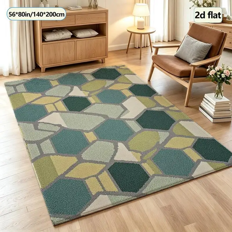 Multicolor Hexagonal Mosaic Geometric Pattern Carpet Washable Rug Non-Slip Indoor Living Room Bedroom Home Decor Mat
