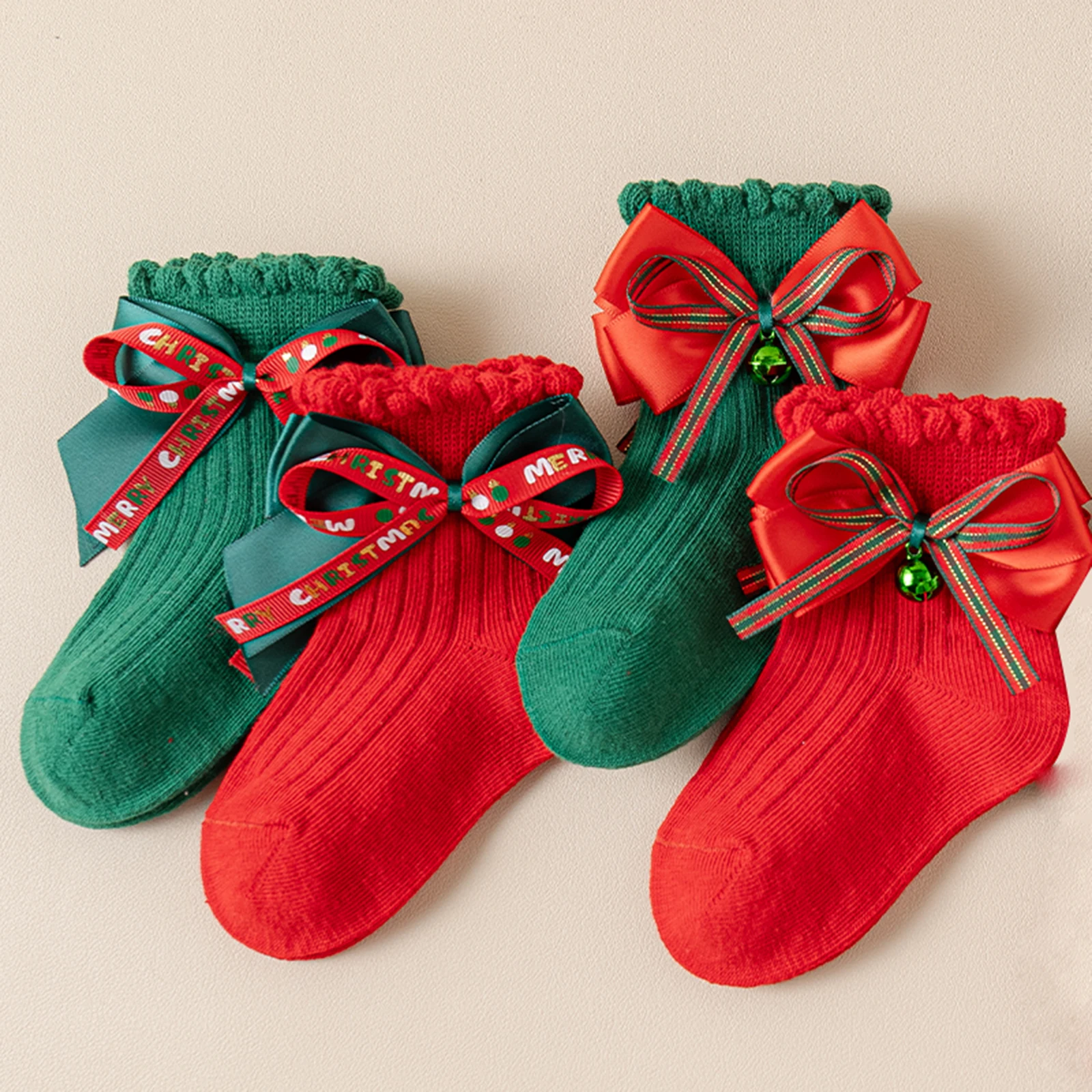 

1-7Years Toddler Girl Mid Calf Christmas Socks Print Bows Bell Decor Crew Socks Soft Cotton Christmas Kids Stocking