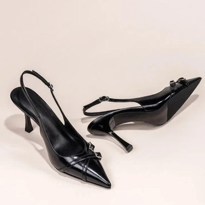 2026 New High-heeled Shoes Summer Fashionable Pointed Toe Shallow Mouth Elegant Buckle Decorated Stiletto Black Women's Sandals image 4