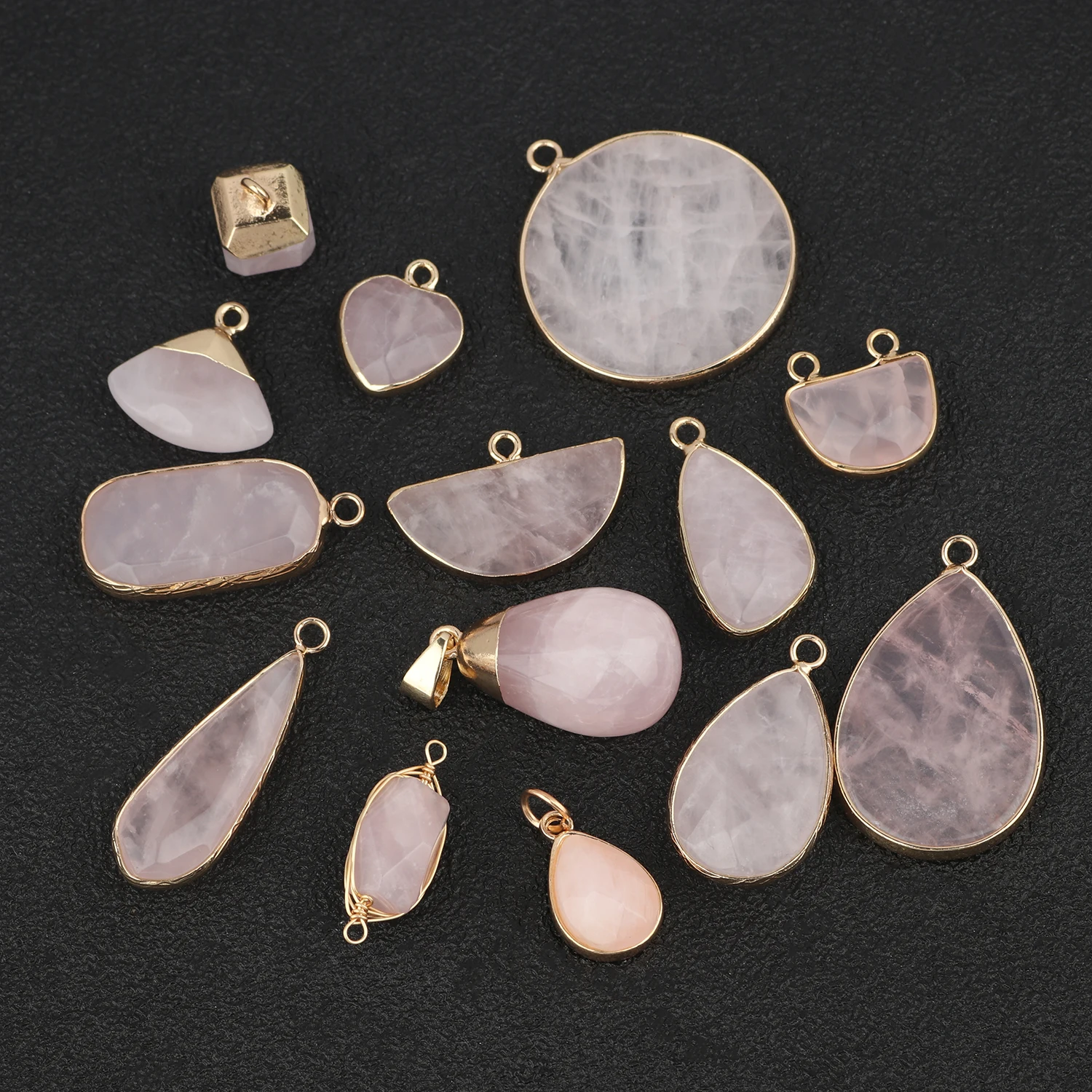 1pc Natural Stone Pink Quartz Crystal Pendant Gold Plated Heart Drop Shape Charms Pendants for Necklace Women Fashion Jewelry