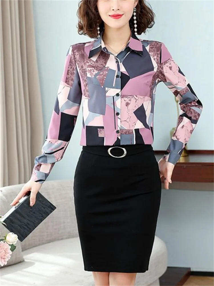 Fashion Chiffon Blouses Women Shirt Floral Top Basic Cardigan Women Shirts Polo Neck Long Sleeve Blous Button Up Female Blouses