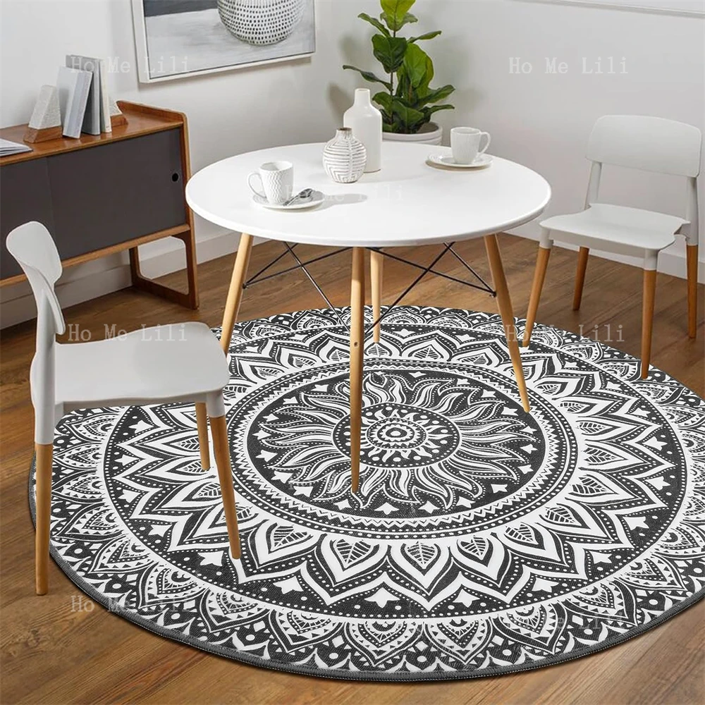 Mandala Round Carpet Modern Flannel Washable Round Mat Non-Slip Interior Bohemian Grey Office Rug