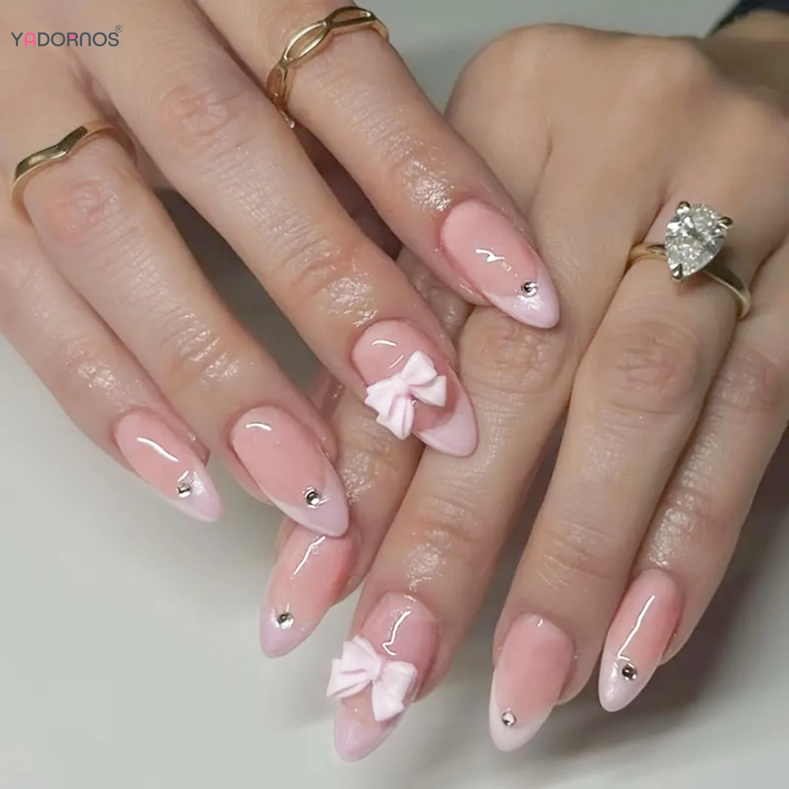 Sweer Korean Pink False Nails with 3D Bow Decor French Almond Fake Nail Tips Full Cover Wearable Ins Simple Press on Nails