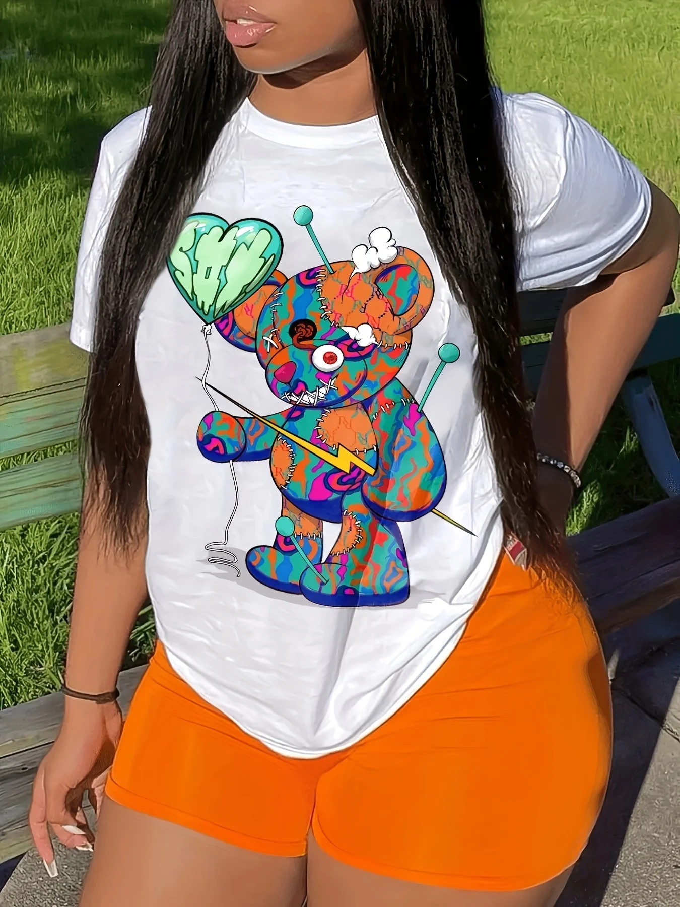 Colorful Bear Print T-Shirt, Casual Crew Neck Short Sleeve T-Shirt For Spring & Summer, Women\'s Clothing
