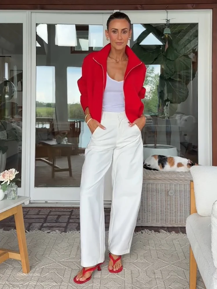 Vintage Rote Kurze Jacke mit Hoher Taille für Damen, Schicker Reißverschluss, Lange Ärmel, Stehkragen, Locker Sitzender Mantel, Herbst Damen Alltags-Streetwear Neu – Detail 4