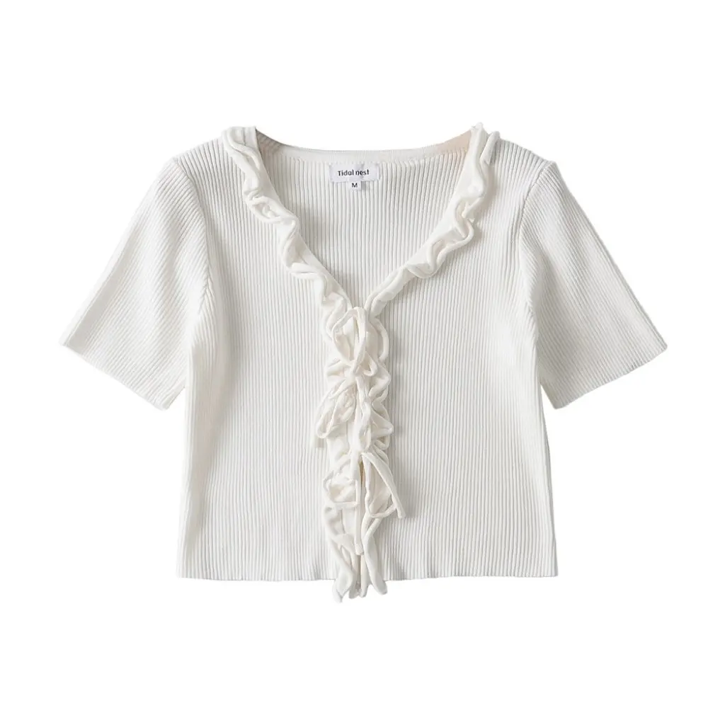 

Summer Slim Fit Solid Color Lace-up Knitwear V-neck Short Sleeve High Waist Navel T-shirt European American BM-style Trendy Top