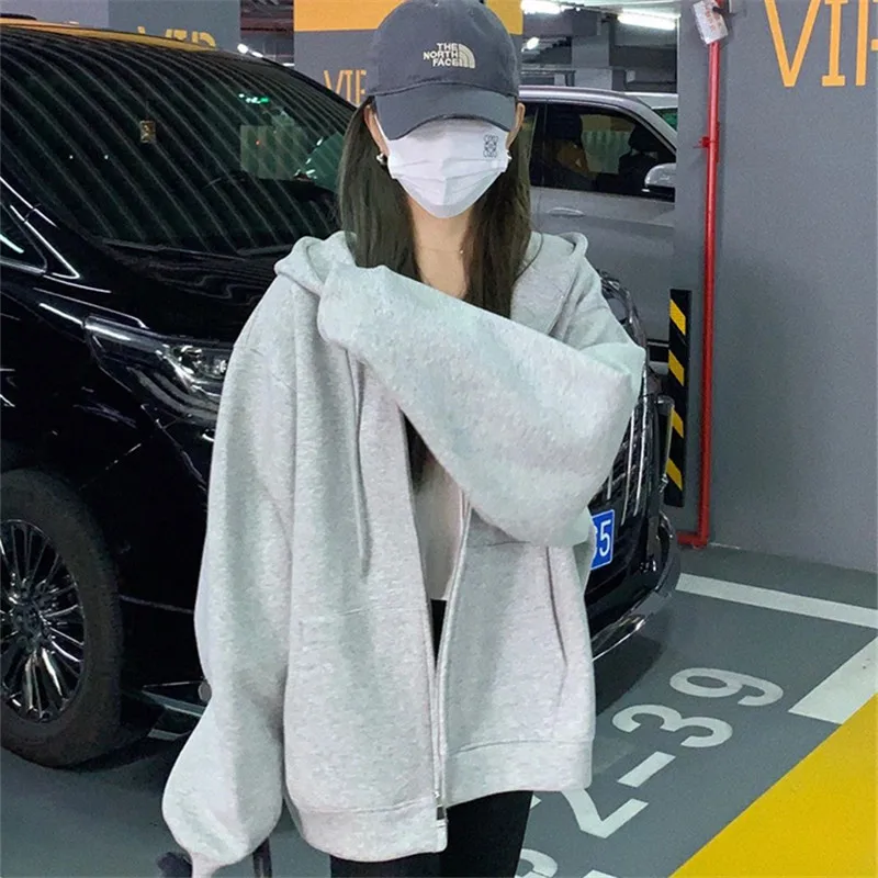 

Women Sweatshirts Zipper Hooded Solid Spliced Draw String Hoodies Pocket Loose High Street Coats Warm Thick Winter 2024 Cardigan