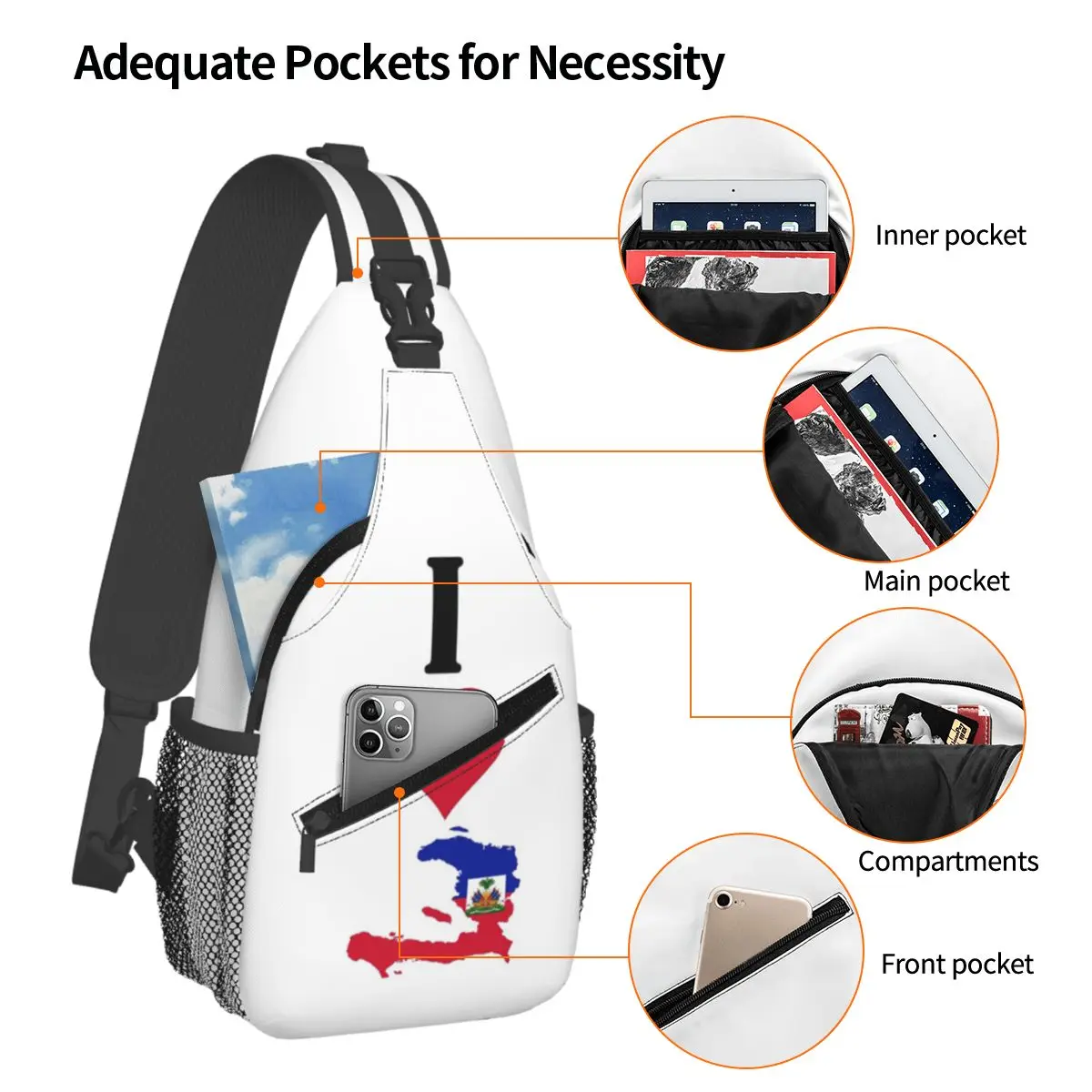 I Love Haiti Vertical I Heart Haitian National Flag Map Chest Bag Men Sling Crossbody Backpack Chest Bag Daypack Shoulder Bag