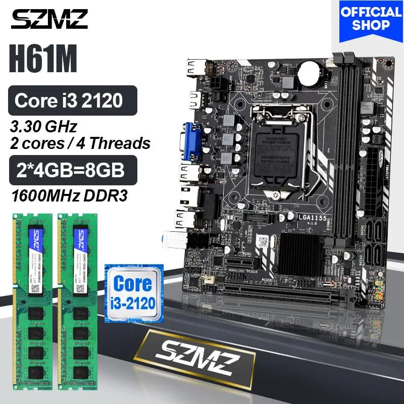 SZMZ-H61 Placa-mãe PC, LGA 1155, CPU Intel Core i3 2120, 2x4GB, Kit de memória DDR3 1600MHz, Placa Gamer, 1155