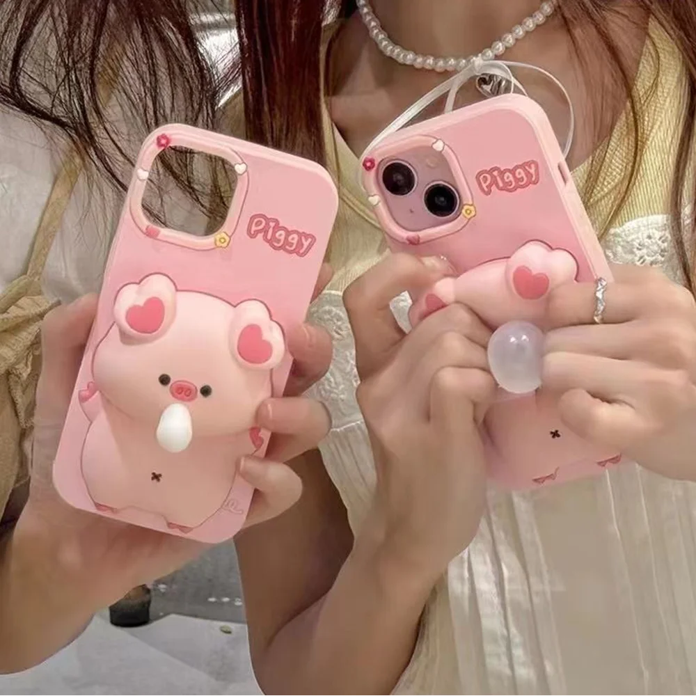 New Korean INS Creative Squishy Toy 3D Cute Bubble Pig Phone Case For iPhone 15 14 13 12 11 Pro Max Soft Protective Cover