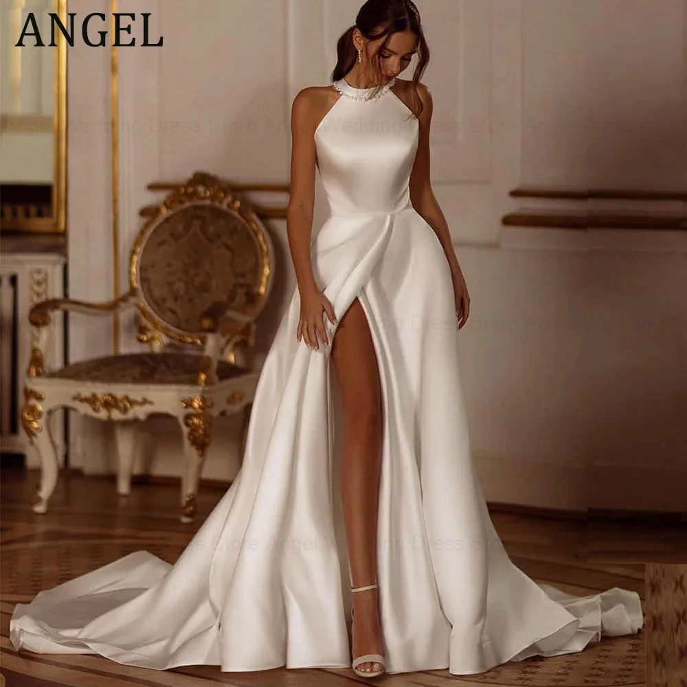 

ANGEL Elegant Halter Collar Pearls Sleeveless Wedding Dress For Women 2023 High Slit Back Bow A-Line Simple Stain Bridal Gowns