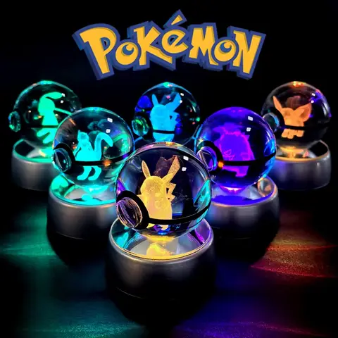 Pokemon 5CM Crystal Ball Toy 3D LED Colorful Night Light Pikachu Charizard Gengar Eevee Model Gift (With Gift Box Packaging)