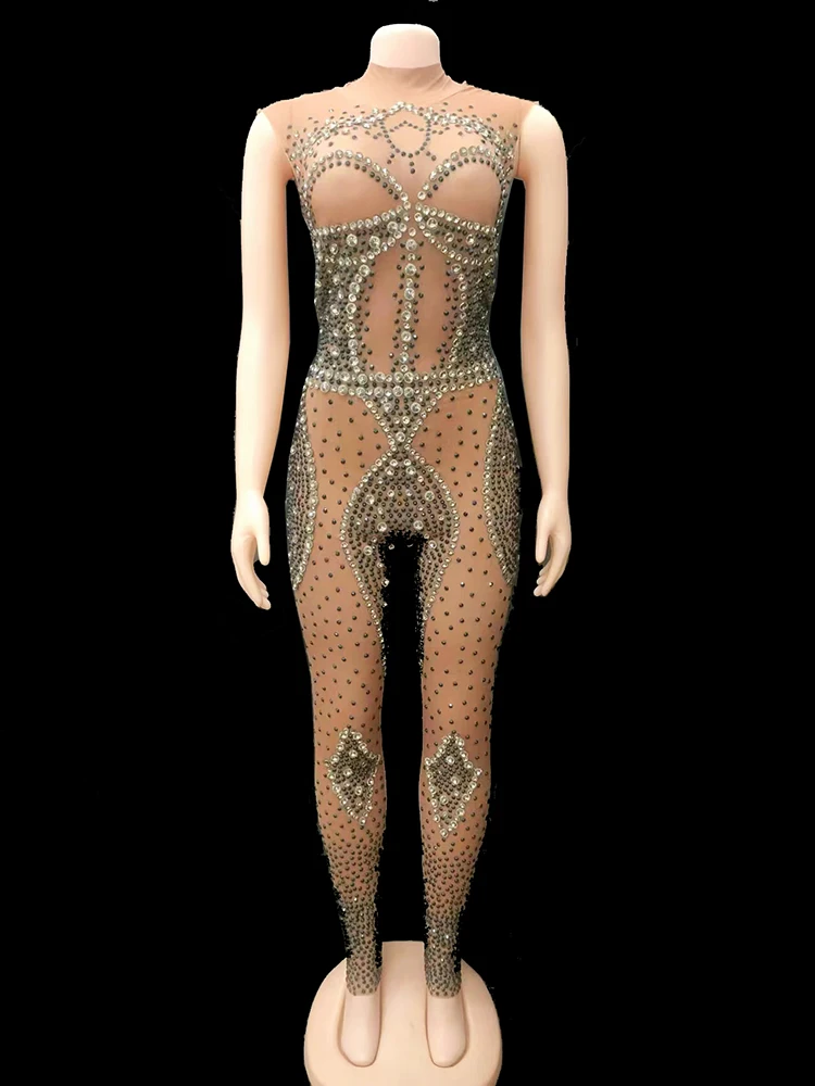 

New Sexy Mesh See Through Sparkly Rhinestones Sleeveless Jumpsuit For Women