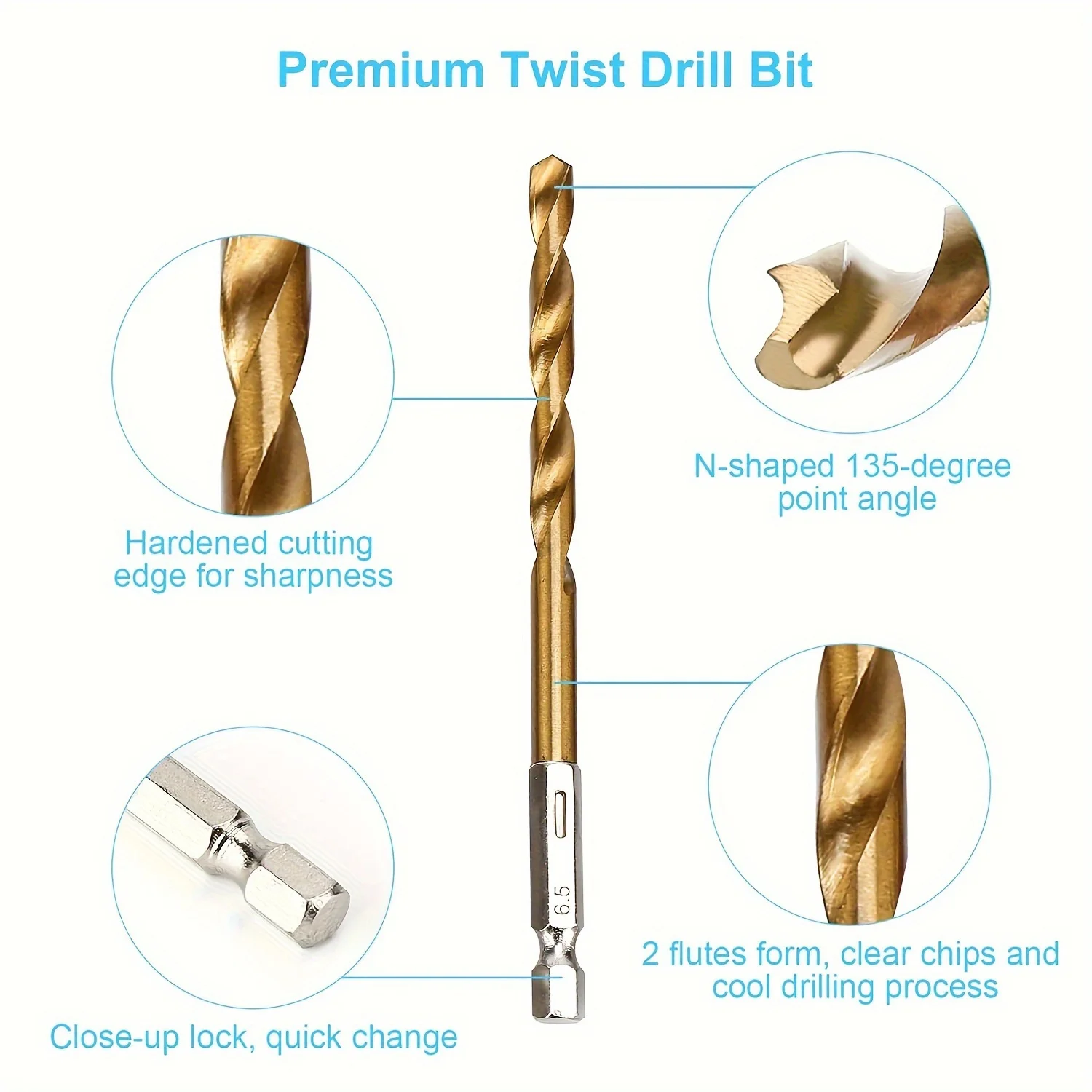 19pcs Titanium-Coated Drill Bit Set with 135° Tip, Hex Shank for Wood, Soft Metal & Plastic (1/16"-1/4") - Quick Change