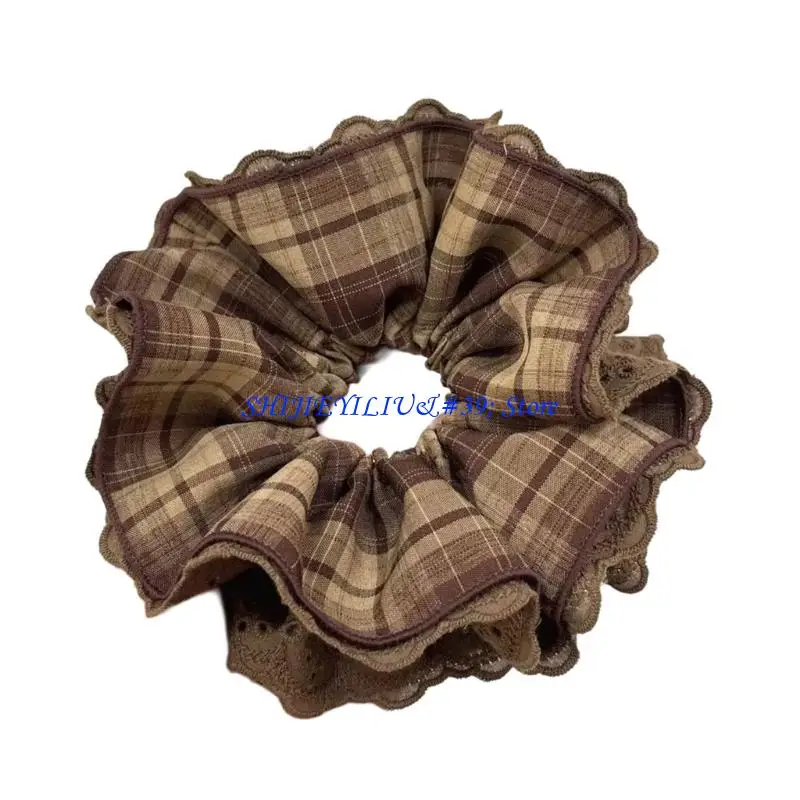 

E21F Plaids Lace Hair Tie Layered Design Brown Scrunchie For Women Various Hair Styles