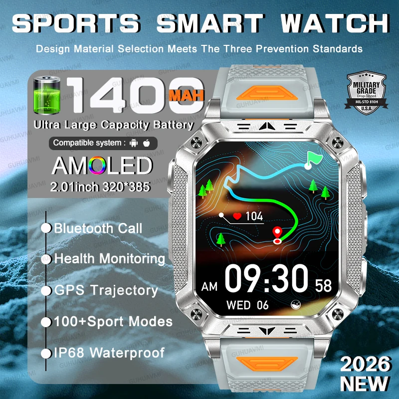 

Смарт-часы для мужчин с аккумулятором 1400 мАч, военные, для активного отдыха, фитнес-трекер, экран HD AMOLED 2,01 дюйма, SOS-фонарик, звонки, водонепроницаемые, спортивный ремешок