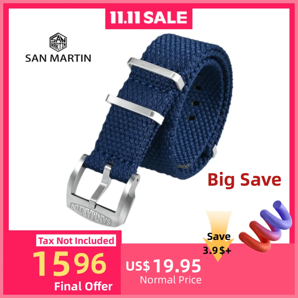 

San Martin Braided Linen Watch Strap 22mm 20mm Paratrooper Watchband Fabric Watch Band Buckle Belt Breathable BD0012
