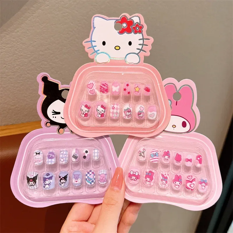 Hello Kitty Kawaii MINISO Ins Fashion Children Soft Fake Nail Patch Cute My Melody Cartoon Wear Nail Decoration Gifts for Kids