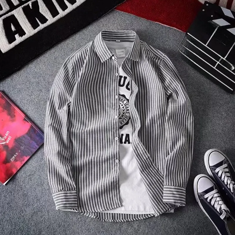 

American Retro Striped Long Sve Loose Men's irt Thin Outerwear Korean Faion Youthful Autumn Classic Casual Top