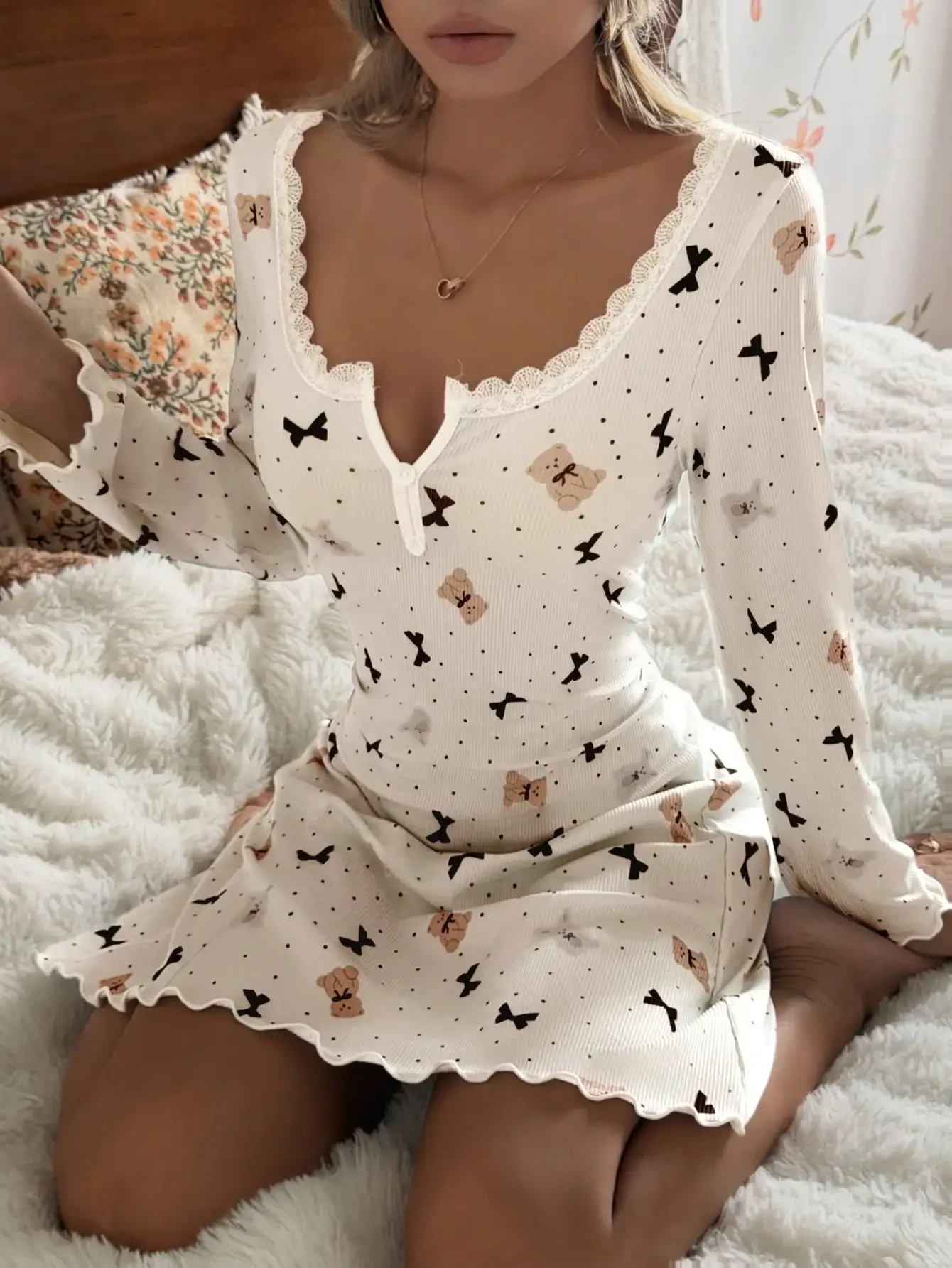 CottageSlumber Women's Floral Trim Square Neck Polka Dot & Bear Print Knit Long Sleeve Nightgown
