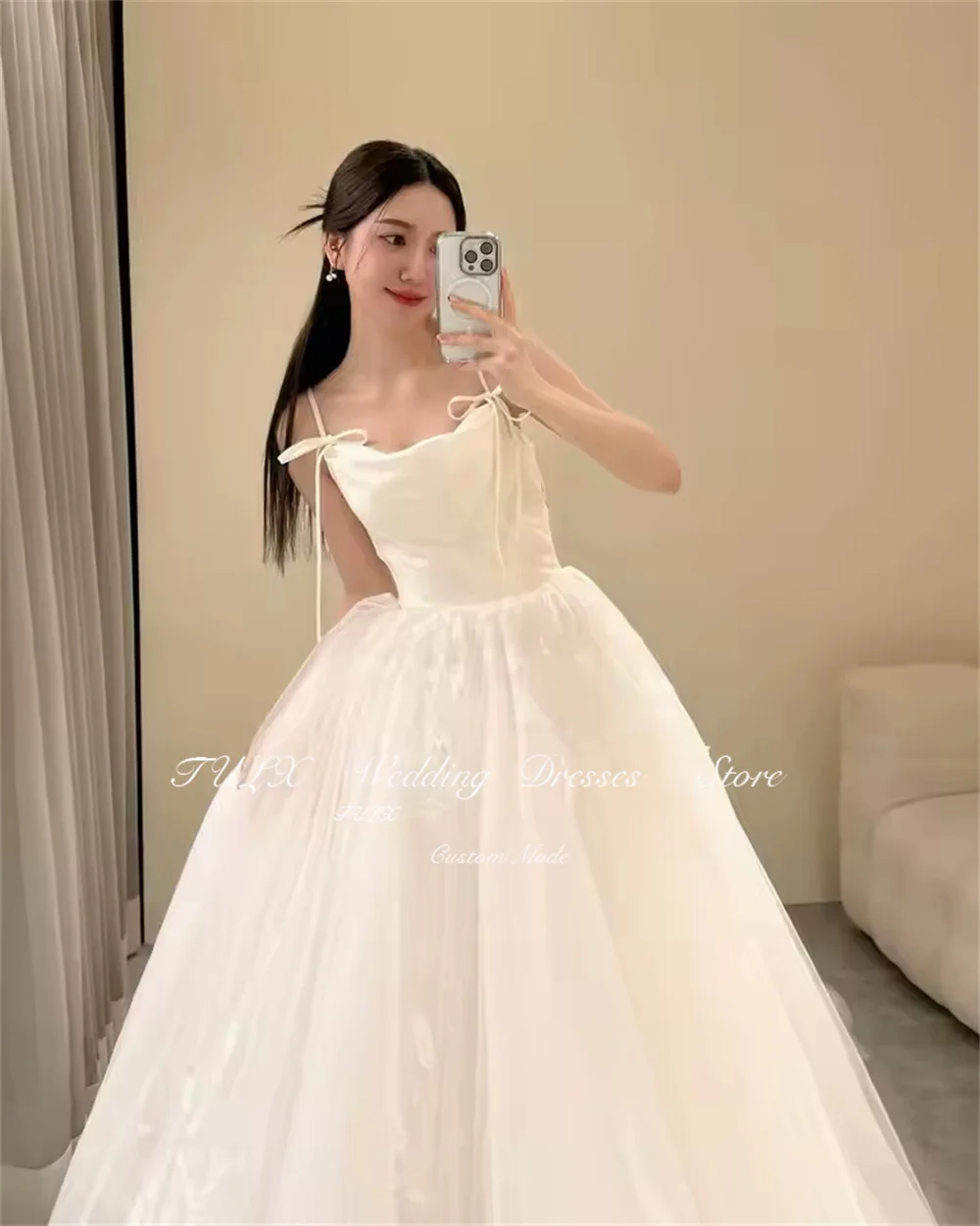 TULX Fairy Bow Straps Korea Wedding Photo Shoot Dress Ivory Fluffy A Line Floor Length Bridal Gowns Corset 웨딩드레스 Customized
