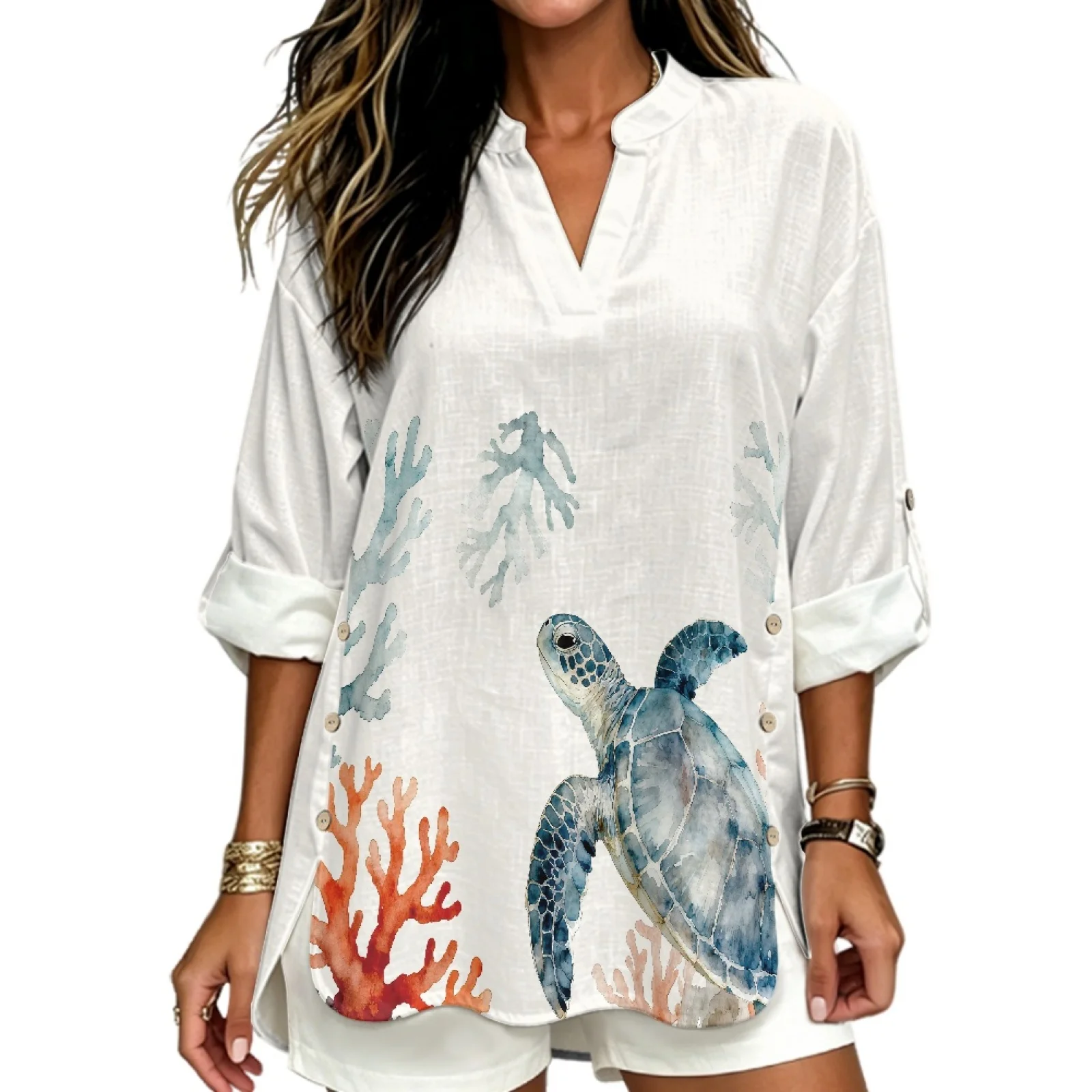 PENSTROLL Sea Turtle Coral Pullover Blouse Top for Women Linen Like Long Sleeve Shirts for Women Long Sleeve Tops