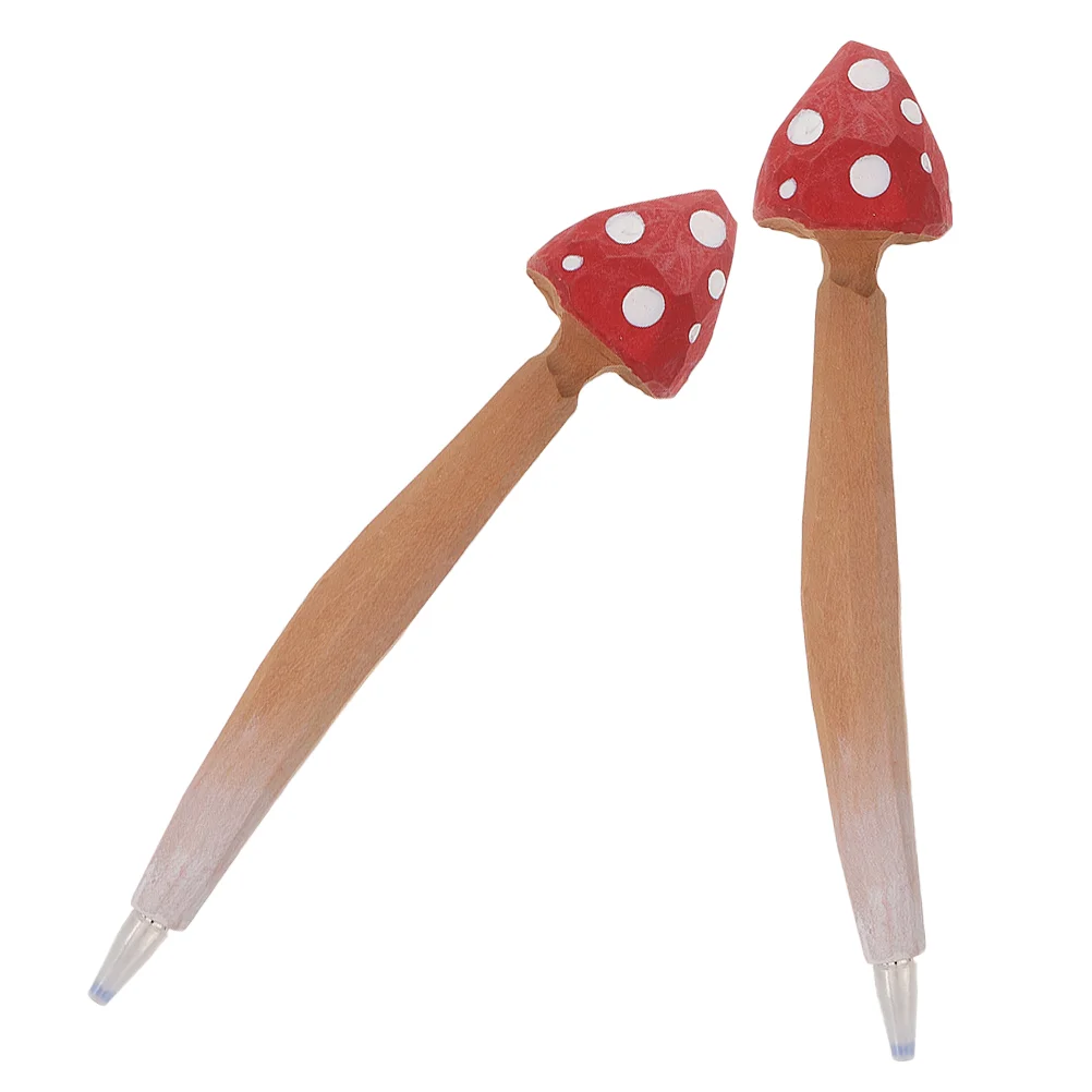 2 Pcs Mushrooms Ballpoint Pen Wood Writing Cute Pens Red Students Bulk Office Accessories