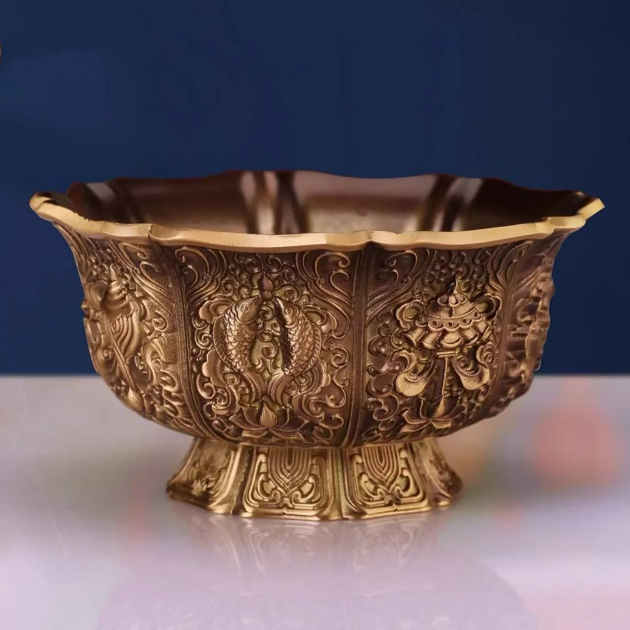 Tibetan Eight Auspicious Symbols Carved Brass Altar Bowl Tantric Indoor Desktop Sacred Water Bowl Buddhist Worship Item