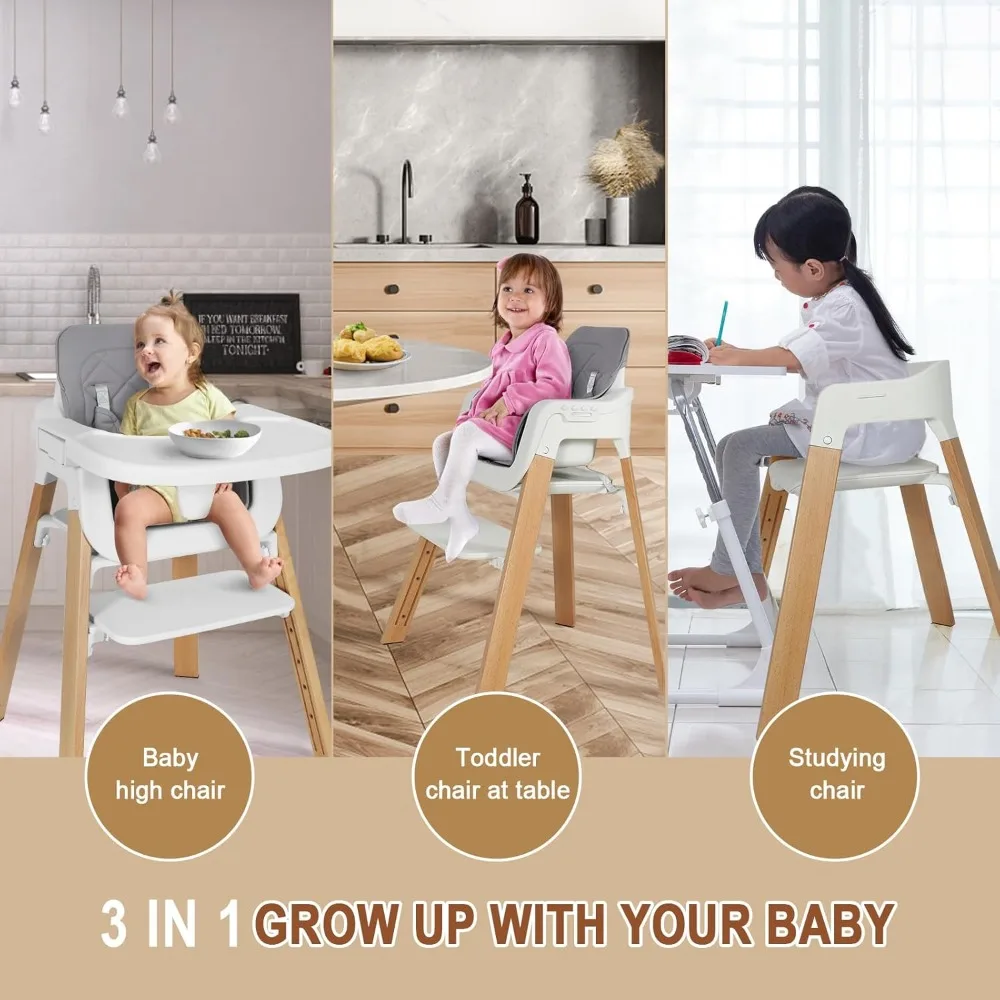 3-in-1 Baby High Chair, Convertible High Chairs for Babies and Toddlers with Adjustable 5-Level Footrest & Dishwasher Safe Tray,