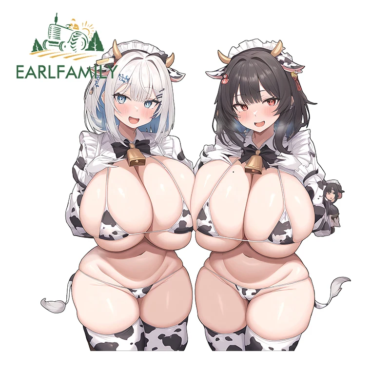 EARLFAMILY 13cm x 12.9cm Cow Girls Butts Boobs Hot Car Stickers Bikini NSFL Hentai AO Senpai Car Accessories Thicc Decals