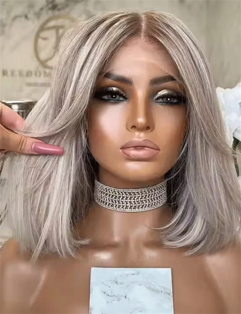 

Ash Blonde Natural Straight 13x4 Transparent Lace Frontal Synthetic Wig With Dark Roots Pre Plucked Hairline Synthetic Wig