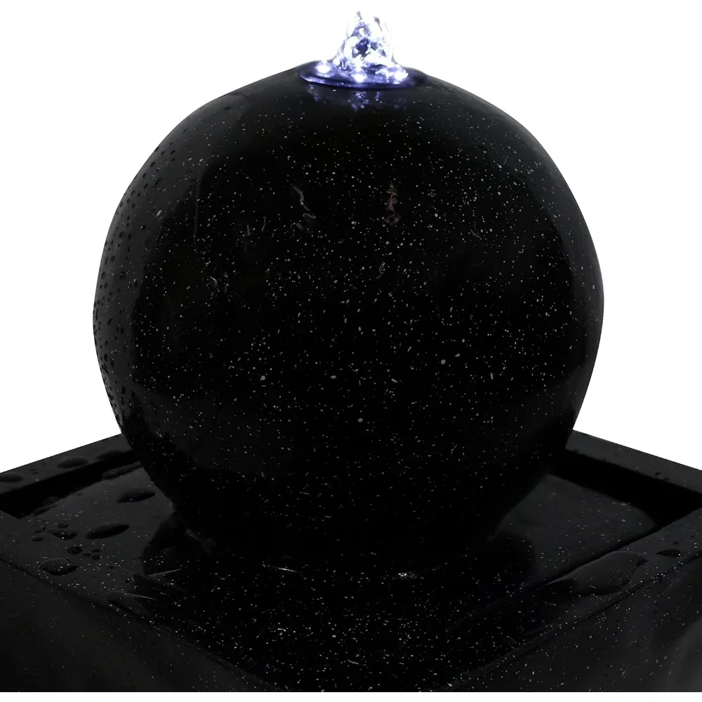 Black Ball 30-Inch Solar Fountain with Battery Backup and LED Light - Submersible Pump - Resin and Fiberglass