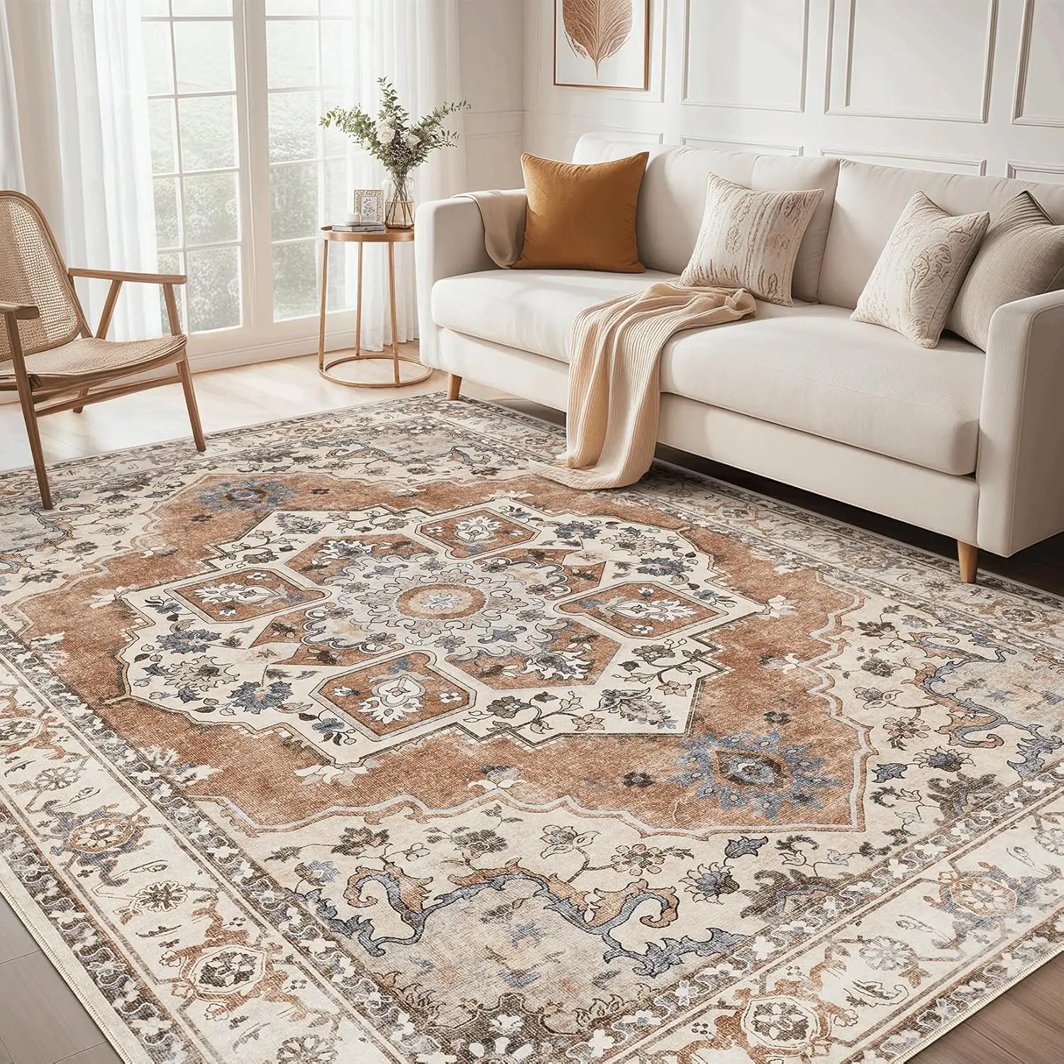 Washable 10X14 Area Rugs For Living Room - Vintage Distressed Floral Neutral Boho Farmhouse Soft Large Rug Indoor Floor No Slip