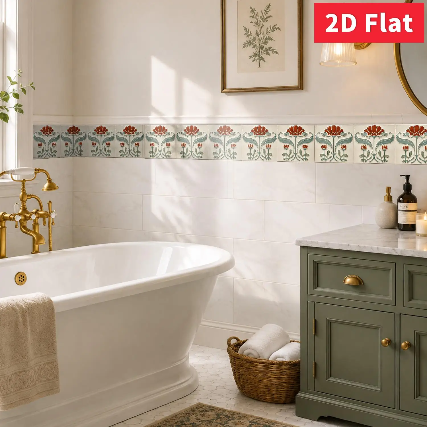 2D Flat Tile Stickers 6 Inch Self‑Adhesive Floral Wall Decals Removable for Kitchen Bathroom Home Decor 8/16/32/64 Pcs